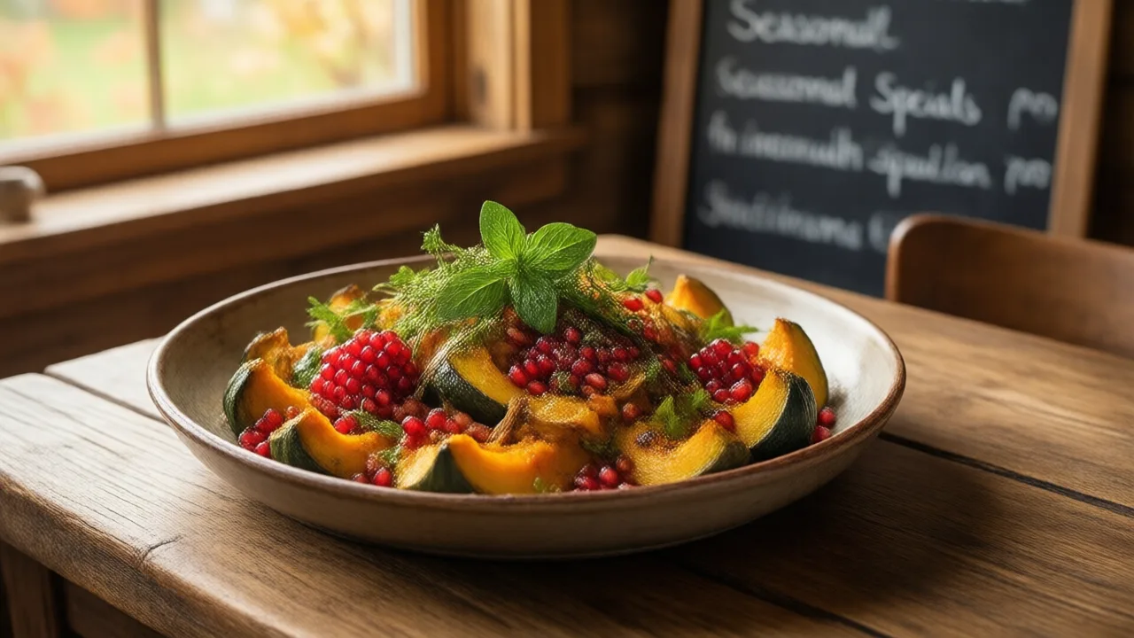 A rustic wooden restaurant table with a seasonal autumn dish of roasted squash, fresh herbs, and pomegranate in warm window light, with a handwritten seasonal specials chalkboard blurred in the background